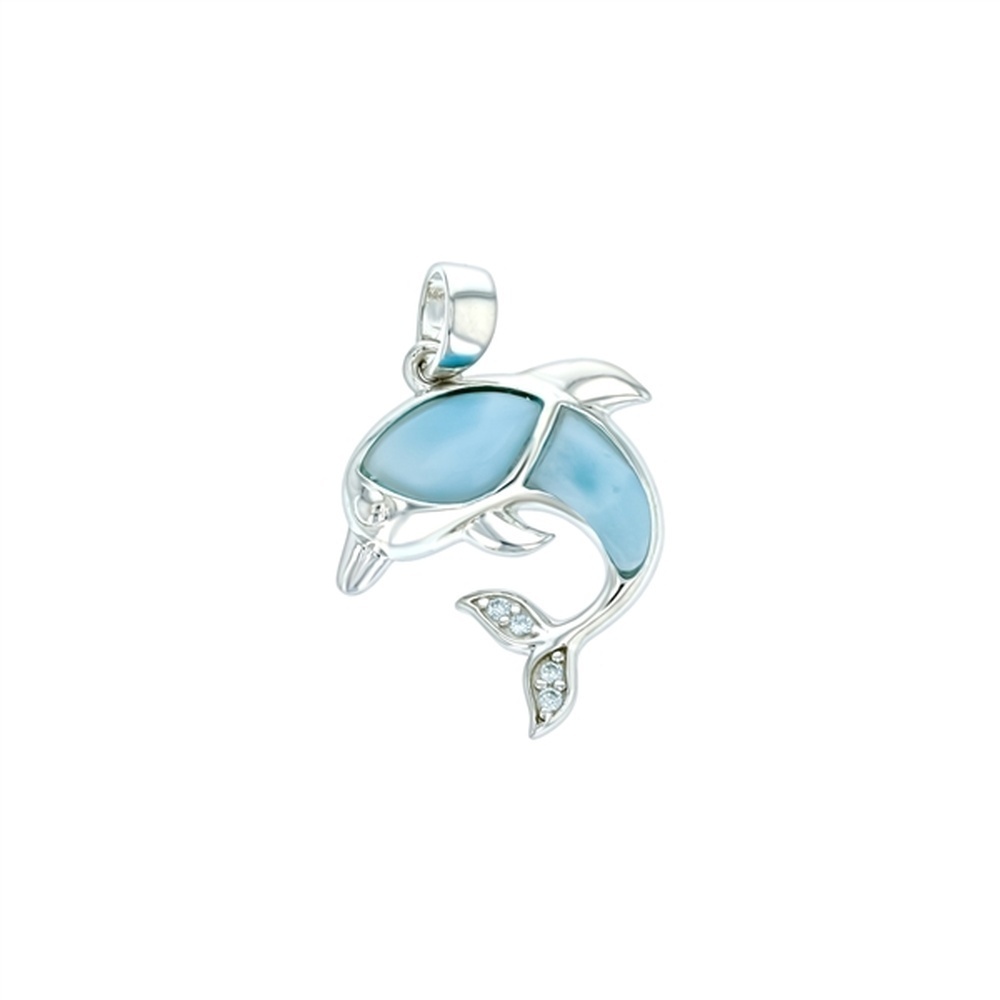 925 Sterling Silver Larimar Dolphin CZ Pendant 3.58 gm